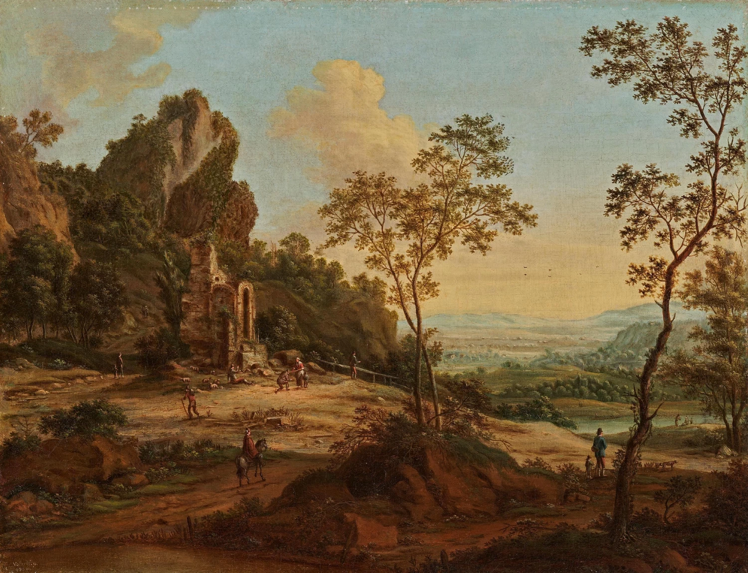 Johann Christian Vollerdt - Ampio paesaggio con pastori presso un rudere